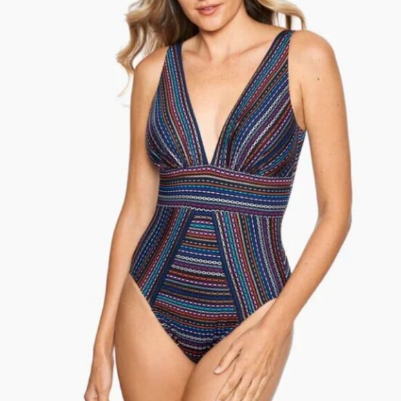 Miraclesuit Shimmer Links Odyssey V Neck Wireless One Piece Swimsuit Size 16 - Picture 1 of 15